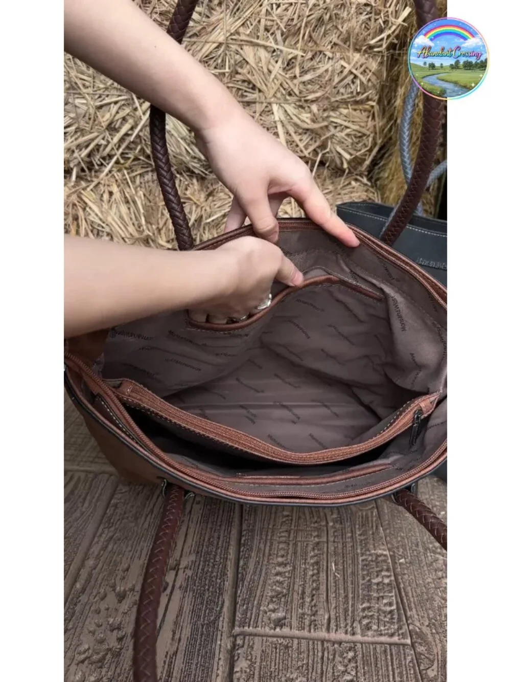 Woven Vegan Leather Tote Bag with Back Zipper Pocket, Spacious